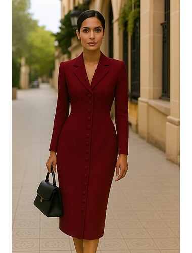  Női Szmoking ruha Harang fazon Előírásos Stretch Crepe Elegáns Hosszú ujj Midi Térdig érő Midi hosszúság Nyitott V-alakú Egysoros két gombos