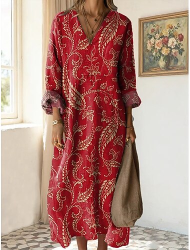  Per donna Abito Midi Abito a Tubino Vacanza Casual Uscire Vestibilità regolare Grafico Paisley Manica Lunga Scollo a V Nero Rosso Marrone chiaro Verde Autunno Inverno