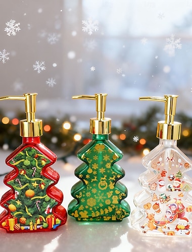  ガラス製クリスマスツリーハンドポンプディスペンサーボトル - 300ml 赤/緑の再利用可能な旅行用サイズの石鹸/ローション/クレンザー容器、金色のトナカイの雪の結晶デザイン、キッチン、バスルーム、オフィス用 - 耐久性あり