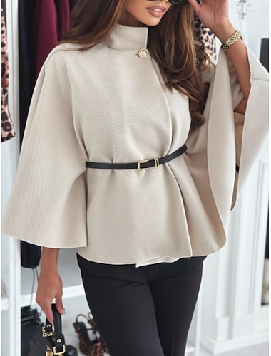  Damen Umhang / Capes Bequem Atmungsaktiv Mit Gürtel Elegant Lässig Einfach Urlaub Straße Lässig Alltagskleidung Pullover Regulär Stehkragen Lässiger Schnitt Langarm Oberbekleidung Schwarz Wein