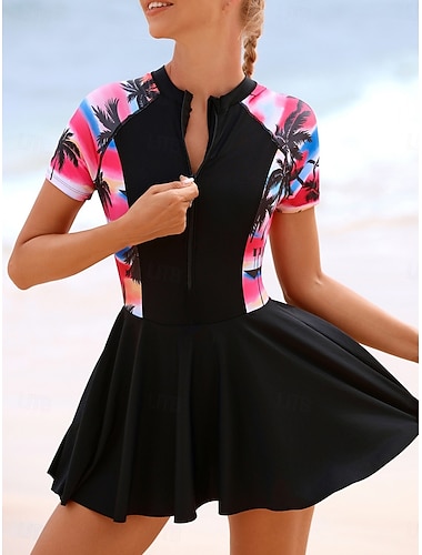  Womens Tankini Badeanzug Reißverschluss vorne Palme Kleid Briefs Bauchkontrolle Hohe Taille Slim Rückenfrei Urlaub Strandbekleidung Grafisch Blockfarben Rundhals Kurzärmelige Bademode