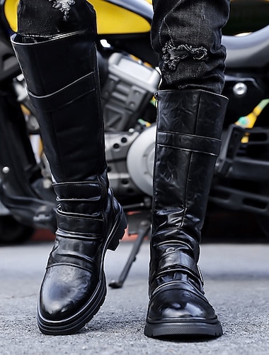 Botas masculinas pretas de couro sintético para motociclistas com tiras – elegantes e robustas, ideais para motociclistas e para uso casual no dia a dia.