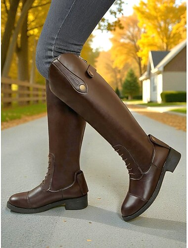  Botas de montaria femininas marrons até o joelho – botas de couro sintético com cadarço em estilo equestre vintage, ideais para o outono, caminhadas ao ar livre e looks campestres.