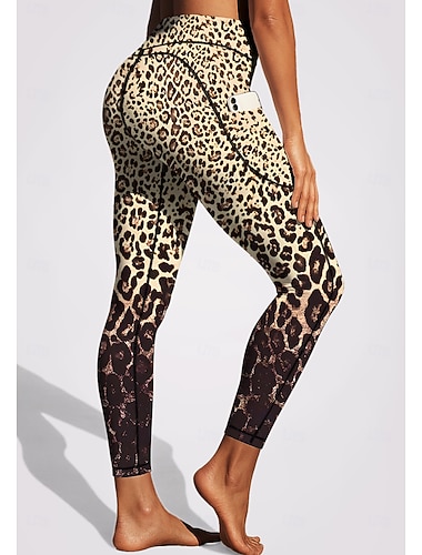  Dame pilatesleggings Treningsbukser Uformelle leggings Lommer Dokumentavgift Lapper Pilates Treningsstudio Treningsøkt Bukser Strømpebukse Leggings Leopard Dyremønstret Leopardprint kaffe sport
