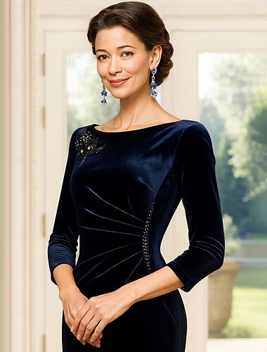  Linjeform Te-lengde Cocktail Kjole Langermet Crew-hals Elegant Årgang Fest Spandex Polyester Kjole til brudens mor med Perlearbeid