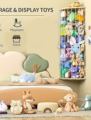  رف ألعاب محشوة خشبي على شكل زاوية مع نمط نجمة، طول قابل للتعديل، رف تخزين ألعاب محشوة كبير معلق، مناسب لغرف لعب رياض الأطفال وغرف النوم وغرف الأطفال