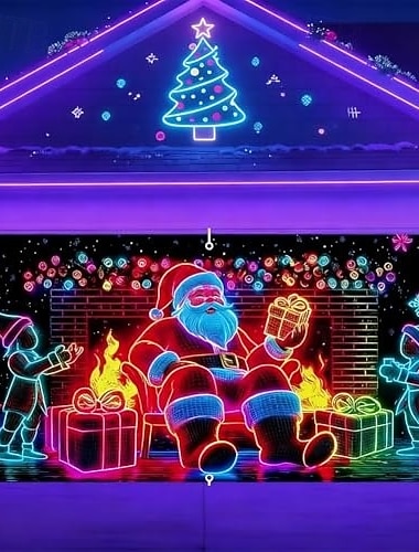  Świąteczny baner na drzwi garażowe, świecący w ciemności, 2D, płaskie, świąteczne pokrowce na drzwi garażowe z rysunkowym Mikołajem i elfem, dekoracja na imprezę świąteczną na zewnątrz i wewnątrz