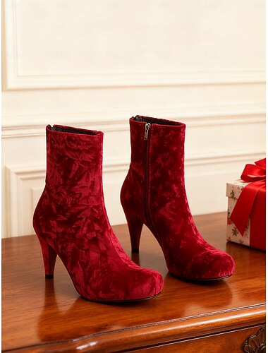 Ghete de damă roșii din catifea cu toc stiletto – ghete elegante cu toc înalt pentru Crăciun, petreceri de sărbători și evenimente de seară