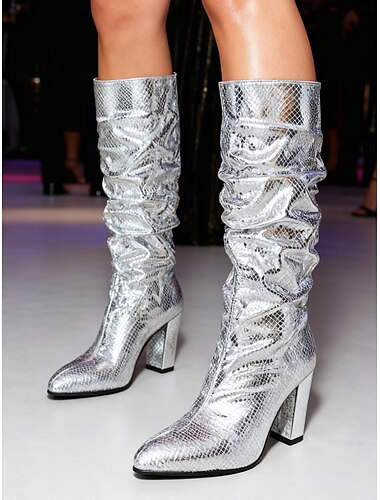  Women's Gold Snakeskin Mid-Calf Boots - Metallic Chunky Heel Party Fashion Boots with Pointed Toe for Night Out & Clubwear