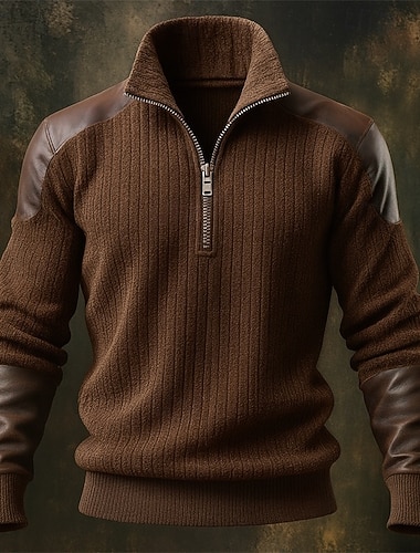  Herren Sweatshirt Pullover Kapuzensweatshirt Viertelreißverschluss Sweatshirt Rippenstrick Braun Stehkragen Einfach Patchwork Reißverschluss Strukturiert Sport & Outdoor Lässig Täglich Vintage Cool