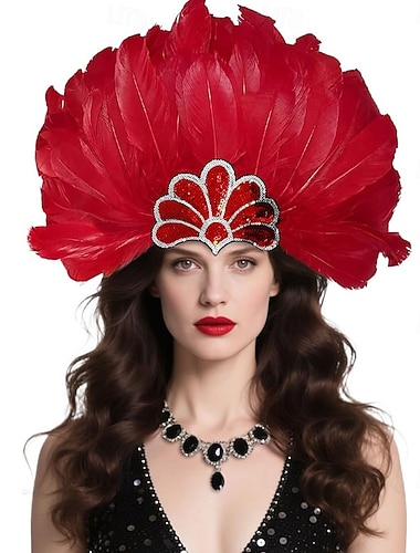  Karneval 2026 Rio Karneval Samba Tilbehør Karneval Fjær Hodeplagg Kvinner - Rødt Paljetter Showgirl Kostyme Hodeplagg - Mardi Gras Festival Danse Tilbehør Brasil Festival Opptreden Kostyme