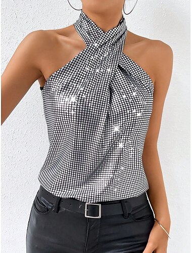  Damen Camisole-Tanktop Pailletten Einfarbig Stilvoll Lässig Ärmellos Neckholder Normale Oberteile Täglich Ferien Silber Sommer Frühling