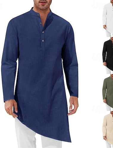  Herren Freizeitkleidung Nachthemd Einfach Stilvoll Komfort Heim Täglich Baumwolle Atmungsaktiv Stehkragen Langarm Frühling Herbst Schwarz Weiß