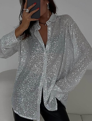  Női Ing Flitter felsők Sima Szüret Tropikus Stílusos Hosszú ujj Állógallér Normál felsők Napi Szabadság Alkalmi Flitter Gombok Fekete Fehér Pezsgő Tavasz Ősz Tél