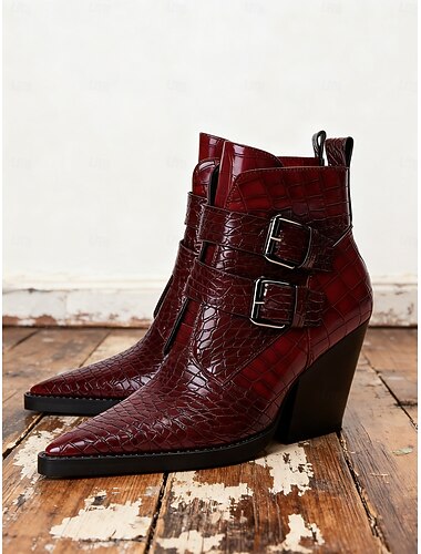  Dámské vínové kotníkové boty s krokodýlím vzorem a dvojitými přezkami, stylové vysoké podpatky s špičatou špičkou pro módní ležérní i večerní nošení