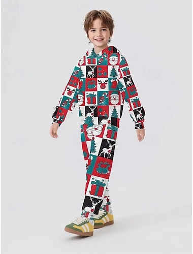  Navidad Chico 3D Graphic Papá Noel Cada Conjuntos navideños regalo de Navidad Conjunto de sudadera con capucha y pantalones deportivos Manga Larga Primavera Otoño Diario Básico Casual Niños 4 años +