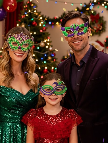 Dreiteiliges Glitzer-Masken-Set in Grün und Lila für die ganze Familie – perfekt für Weihnachtsfeiern, Bälle und als lustiges Weihnachtsgeschenk. Ab 4 Jahren.