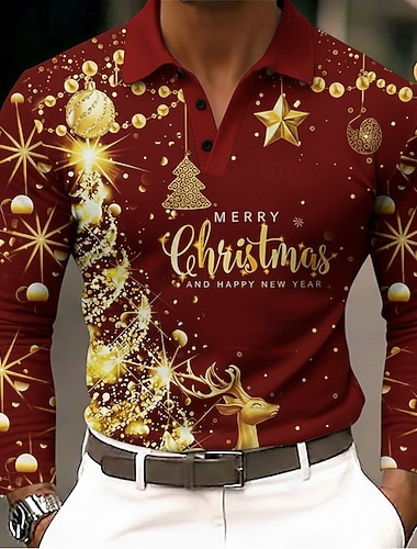  Noël Homme Chaque Arbre de Noël Polo manche longue Polos Revers Occasionnel Extérieur Fête Tenue quotidienne Tenue de fête Impression 3D Boutons Printemps Automne Hiver Noir Rouge Vert