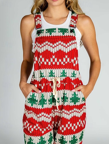  Жен. Нормальная Комбинезоны Активный Графика Без рукавов Квадратный вырез Карман С принтом Рождество Отпуск Стандартный Синий Белый Светло-зеленый Осень