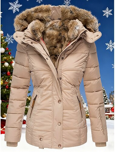  בגדי ריקוד נשים ז'קט פאפר חג מולד יומי חורף ארוך מעיל אופנתי סגנון רחוב Jackets שרוול ארוך מכפלת פרווה טלאים שחור ורוד מסמיק כחול נייבי