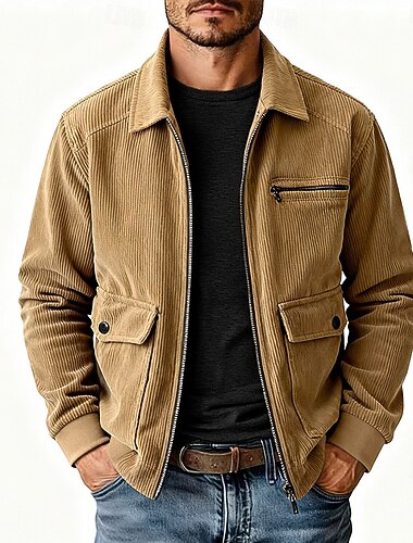  Homme Veste Légère Veste en Velours Côtelé Veste Décontractée Veste de Travail Vacances Occasionnel Respirant Avec Poches Printemps Automne Hiver Uni Mode Classique Revers Régulier Noir Kaki Vert