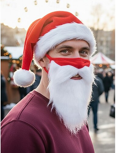  Weihnachtsmannmütze und Bartmaske für Herren, rote Plüschmütze mit weißem Fell, bequeme Gesichtsmaske, festliches Kostümaccessoire für Weihnachtsfeiern und andere festliche Anlässe