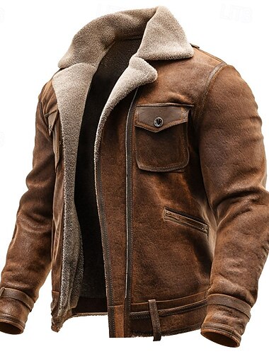  Herren Wintermantel Imitat-Lederjacke Fleecejacke Freizeitjacke Outdoor Lässig Thermowarm Tasche Vollreißverschluss Herbst Winter Herbst Winter Einfarbig Vintage Streetwear Kragen Regulär Braun Jacken