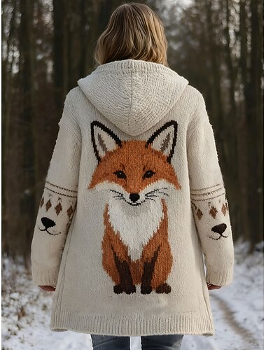  Per donna Cardigan Quotidiano Casual Grafico Animale A Coste Con Cappuccio Patchwork Tasca Bottoni Manica Lunga Top Regolari Maglia All'aperto Weekend Beige Autunno Inverno