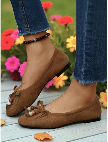  ballerine da donna in finta pelle scamosciata marrone – scarpe in stile mocassino con frange boho e fiocco di perline per l'uso quotidiano, i viaggi e i look casual autunnali