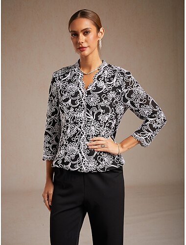  Blusas elegantes para mujer, con bordado floral cachemir, manga tres cuartos, cuello en V, corte clásico, ideales para el trabajo, fiestas, eventos semiformales, bordadas en color negro, perfectas