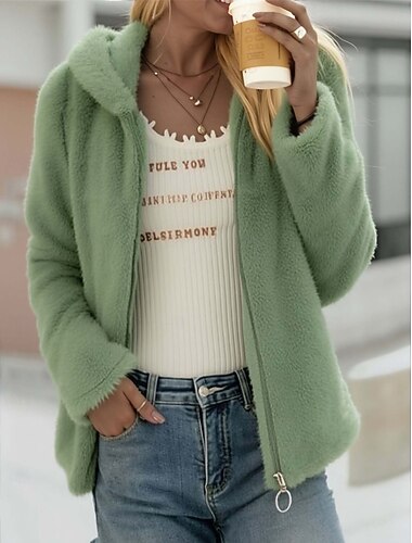  Dam Vinterkappa Fleece-jacka Sherpajacka Bekväm Ficka Elegant söt stil Plysh Ensfärgat Skola Utomhus Semester Hem Normal Huva Lös passning Långärmad Ytterkläder Svart Brun Grön Vår Höst