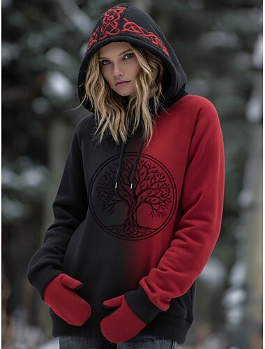  Γυναικεία Φούτερ με Κουκούλα Viking Γραφικά Μόδα Γοτθικά Καθημερινά Μακρυμάνικα Μπλούζες με Κουκούλα Καθημερινή Ρούχα Καθημερινό Κορδόνι Τύπωμα Κόκκινο Άνοιξη Φθινόπωρο