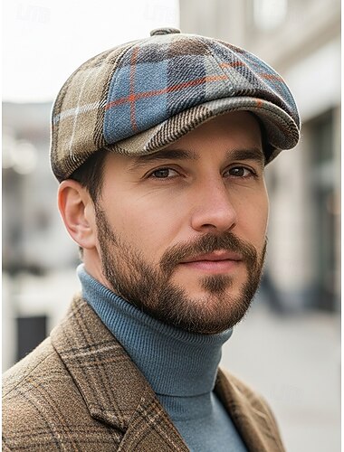  Herrmössa i vintagestil med brittisk rutig tidningsboy-modell – polyestermaterial, flera färger, klassisk retrostil för vardags- och utomhusbruk