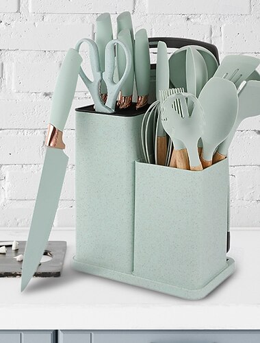  Silikon kjøkkenutstyrssett 19-delers verktøysett oppbevaringsbøtte kjøkkenkniv sugerør fargesett