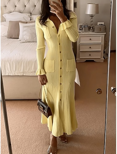  Damen Maxikleid Etui-Kleid Lässig Täglich Normale Passform Einfach Langarm Einkerbiger Ausschnitt Schwarz Weiß Gelb Frühling Herbst Winter