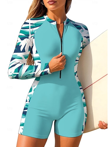  Mulheres Anti Atrito Maiô de surfe de uma peça Roupa de banho Geométrica Tropical Bloqueio de cores Zip Up Com sutiã embutido Bojo Removível Proteção Solar UV UPF50+ Ultra Leve (UL) Manga Longa Roupa