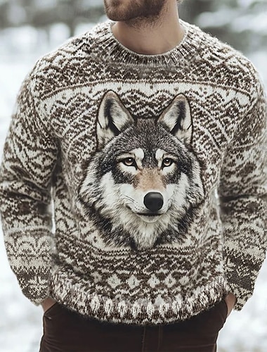  Homme Loup Pull Fair Isle Pull Tricots Col Rond Occasionnel Vacances Quotidien Impression 3D Garder au chaud manche longue Printemps Automne Hiver Bleu Violet Marron