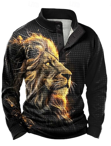  男性用 ライオン ワッフル スウェットシャツ 日常 クラシック カジュアル スタンド アウトドア 家 ワーク 贈り物 ブラック ボタン 秋 冬 デザイナー S M L XL XXL XXXL