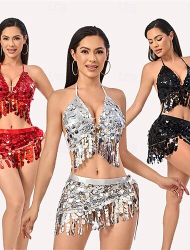  Saias de Dança de Carnaval Samba Dancewear Lantejoulas com Franjas Fantasia de Performance para Festa Temática Sem Mangas de Poliéster
