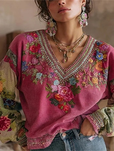  عيد الفصح نسائي بلوزة قمم متأنق ورد الرسم سهل أنيق عتيق سيدات كم طويل V رقبة قمصان عادية عمل مناسب للبس اليومي مناسب للعطلات مكشكش بقع طباعة ثلاثية الأبعاد أحمر الخريف الشتاء