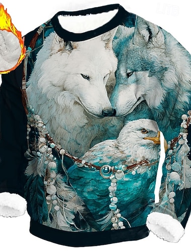  男性用 オオカミ フリース スウェットシャツ 日常 カジュアル 3D クルーネック 家 パーティー 贈り物 ストリートウェア ブルー ルビーレッド グリーン 3Dプリント 秋 冬 デザイナー S M L XL XXL XXXL