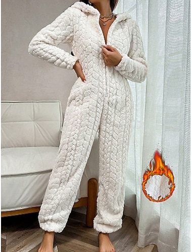  Női bolyhos flanel normál overál aktív egyszínű hosszú ujjú kapucnis magas derék otthoni mindennapi normál szabású fehér rózsaszín piros tavaszi