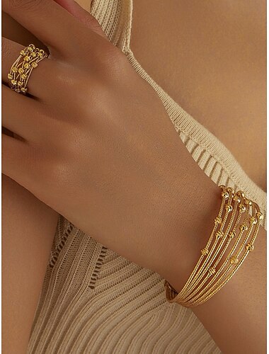  סט צמיד וטבעת זהב רב שכבתי לנשים - סט תכשיטים אלגנטי מחוטי מתכת למסיבה, קוקטייל וערב