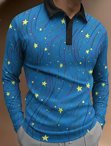  Herre Abstrakt Geometrisk Polo Langermet Poloskjorter Knaphul Fritid treningsklær Dagligdagstøy 3D-utskrift Knapper Vår Høst Vinter Blå Svart Grønn