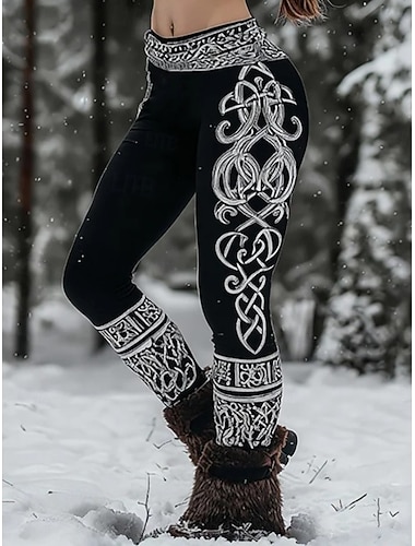  Leggings Boho Viking pour femmes Style ethnique vintage Longueur entière Taille haute Graphique abstrait Impression 3D Sèche rapide Respirabilité Doux Élastique Formelle Extérieur Vacances Marron