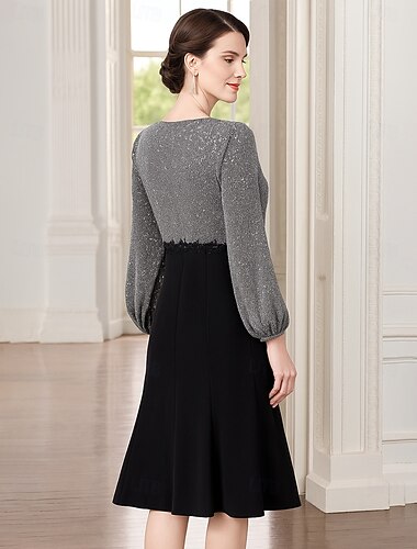  A-Linie Meerjungfrauenschnitt Knielang Cocktailkleid Langarm Rundhalsausschnitt Elegant Vintage Party Hochzeitsgast Polyester Brautmutterkleid mit Paillette Farbblock