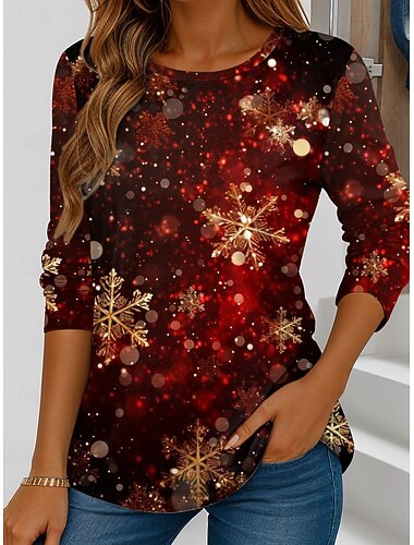  Nieuwjaar Dames T-shirt Afdrukken Grafisch Modieus Modern Lange mouw Strakke ronde hals Ronde hals Normale tops Dagelijks Weekend blauw Zwart Wijn Rood Marine Blauw Herfst Winter