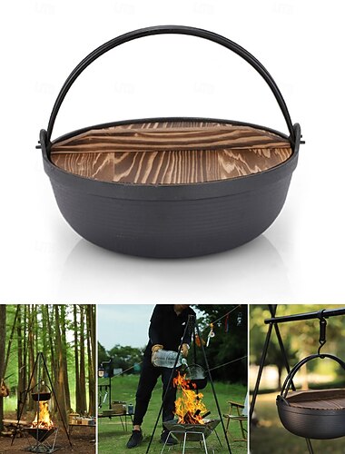  Gjutjärnsgrytor med trälock, hängande soppgrytor, camping, kokkärl, utomhustillbehör