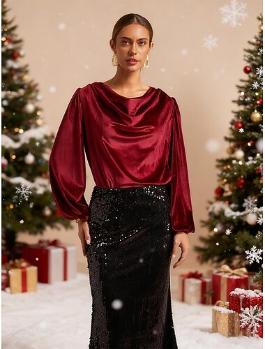  Dame Skjorte Fløyel Bluse Dressy topper Elegant Cowl-hals Bryllupsgjest Festkveldsklær Vin Vår Høst Vinter