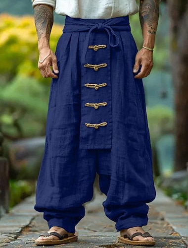  Herren Leinenhosen Hose Sommerhose Baggy-Hosen Knöpfe Kordelzug Elastischer Bund Einfach Komfort Atmungsaktiv Volle Länge Outdoor Yoga Fitnessstudio Designer Retro Vintage Rote Marineblau